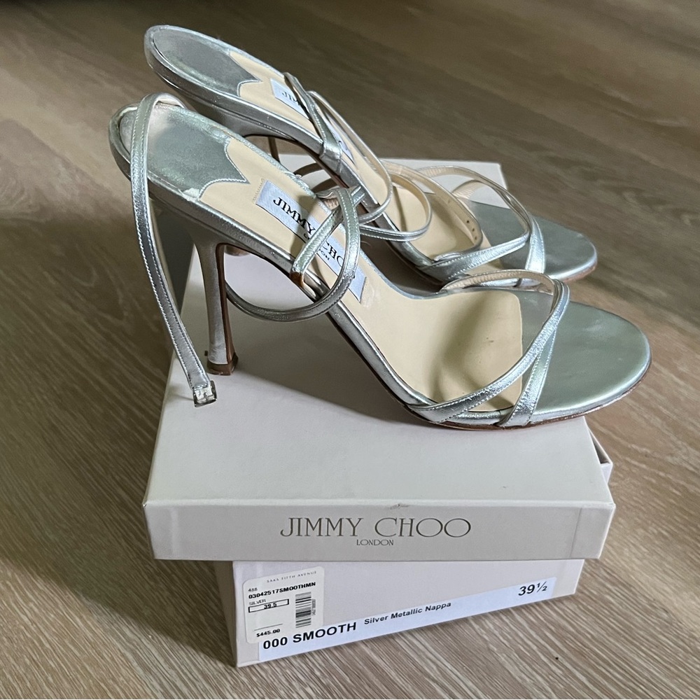 Jimmy Choo Smooth silver metallic nappa leather strappy stiletto ankle wrap 39.5